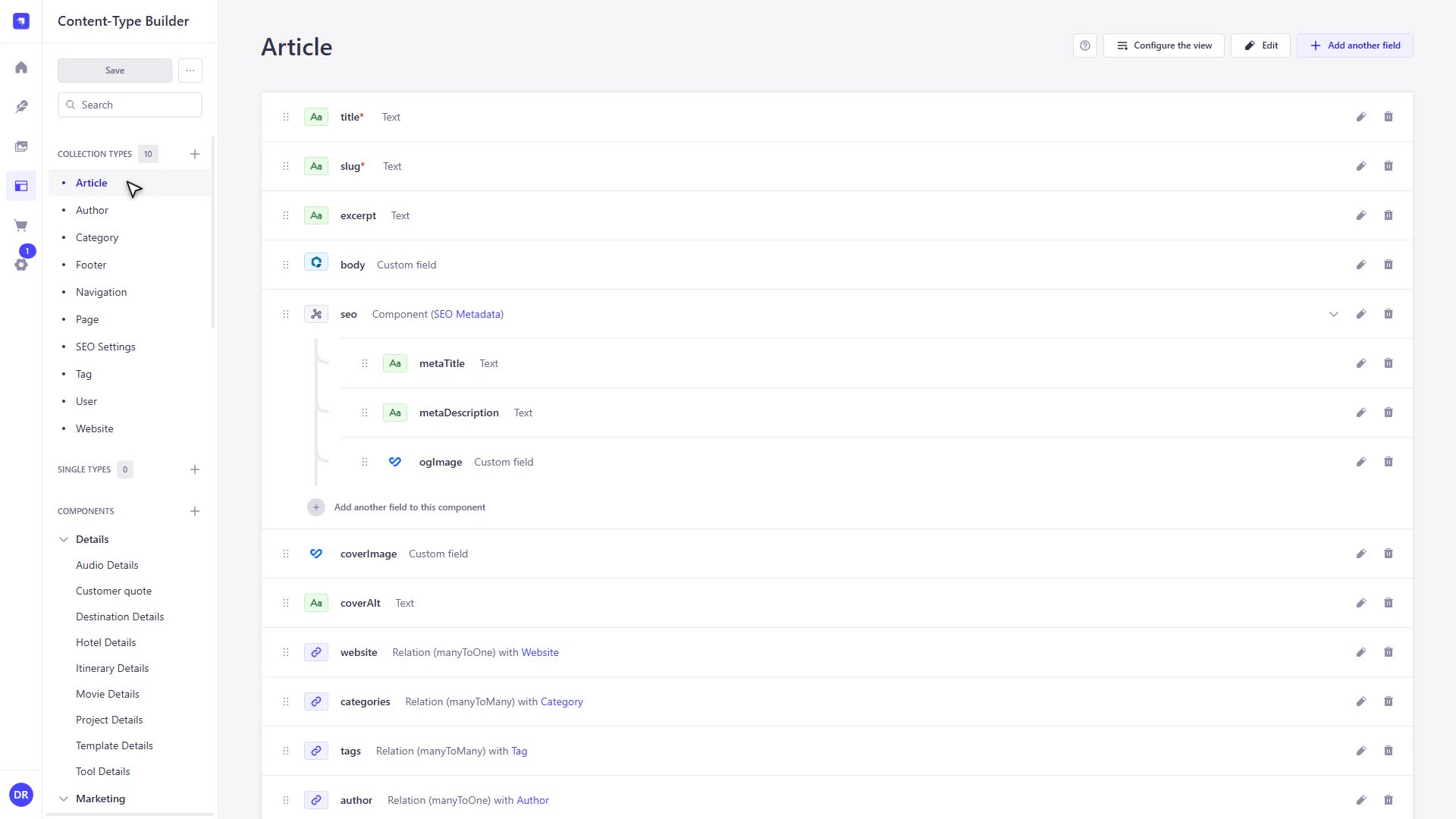 The Strapi Content-Type Builder listing the Bynder custom fields