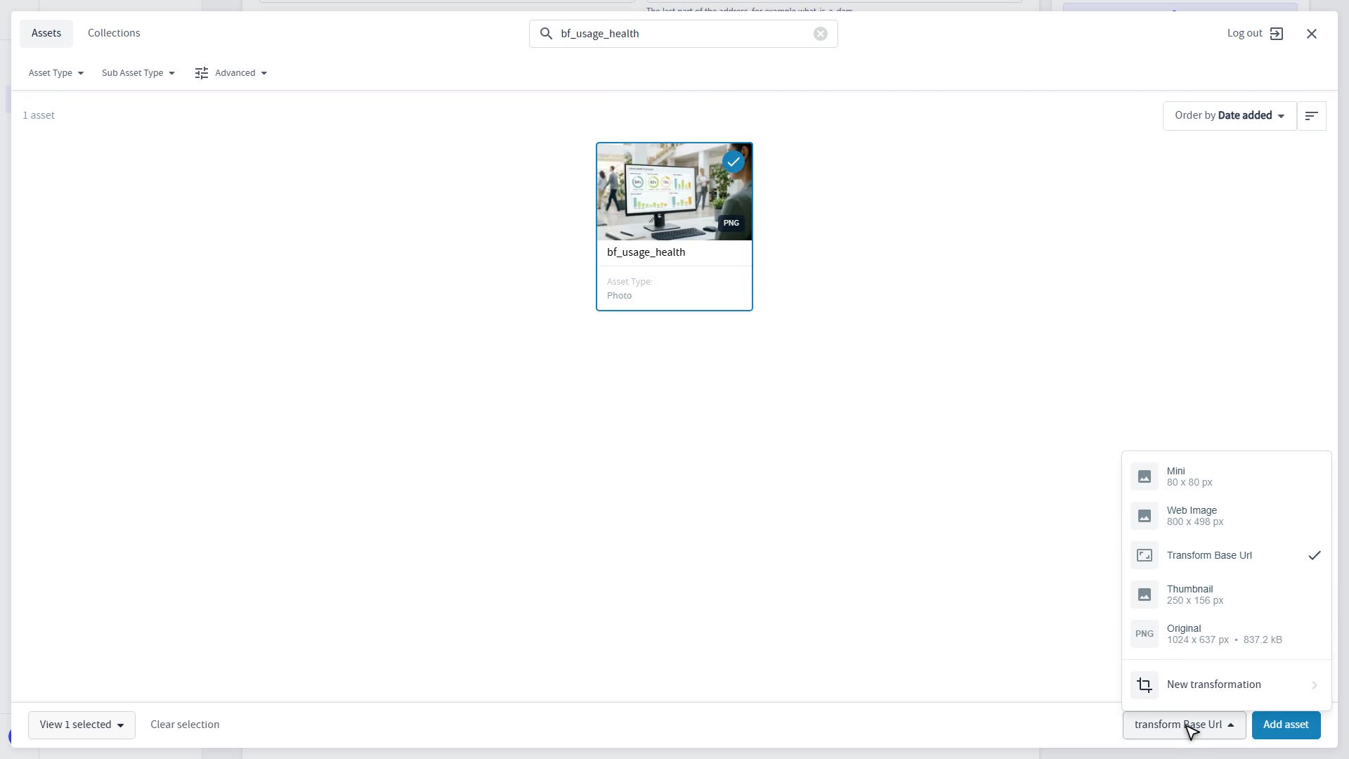 The Bynder picker with the file version menu open